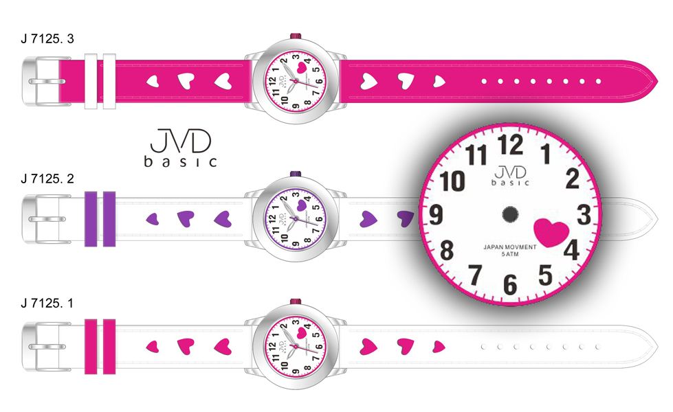 Bílé dětské náramkové hodinky JVD basic J7125.1 s růžovými srdíčky