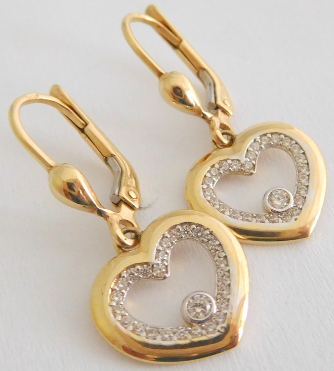 Klenoty Budín Zlaté visací srdíčkové náušnice ze žlutého zlata poseté zirkony 585/2,44gr HK2139