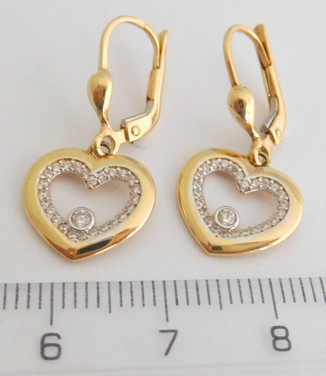 Klenoty Budín Zlaté visací srdíčkové náušnice ze žlutého zlata poseté zirkony 585/2,44gr HK2139