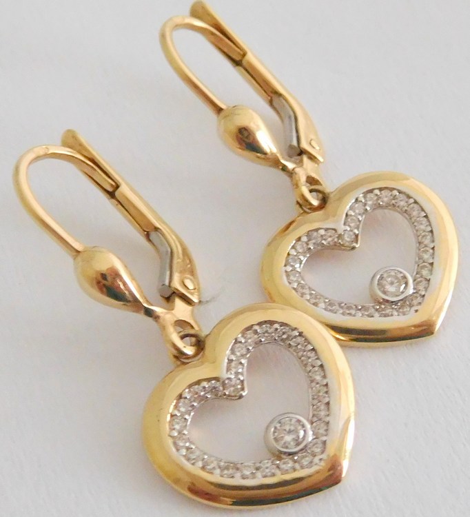 Klenoty Budín Zlaté visací srdíčkové náušnice ze žlutého zlata poseté zirkony 585/2,35gr HK2140