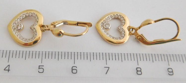 Klenoty Budín Zlaté visací srdíčkové náušnice ze žlutého zlata poseté zirkony 585/2,35gr HK2140