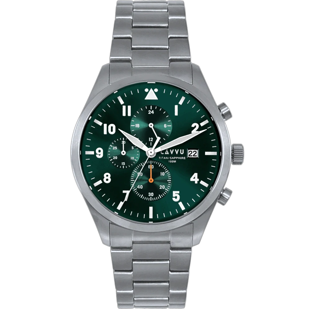 LAVVU Pánské titanové hodinky PILOT Chronograph Emerald Green 100M Sapphire LWM0291