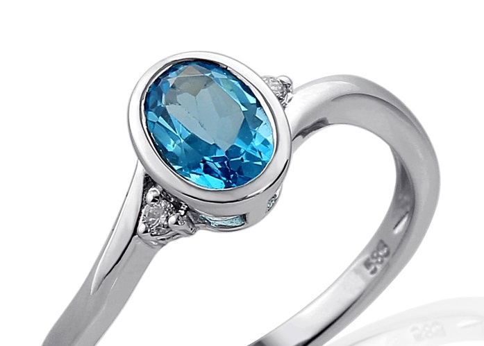 Zásnubní zlatý prsten s diamantem, bílé zlato briliant, modrý topaz (blue topaz)