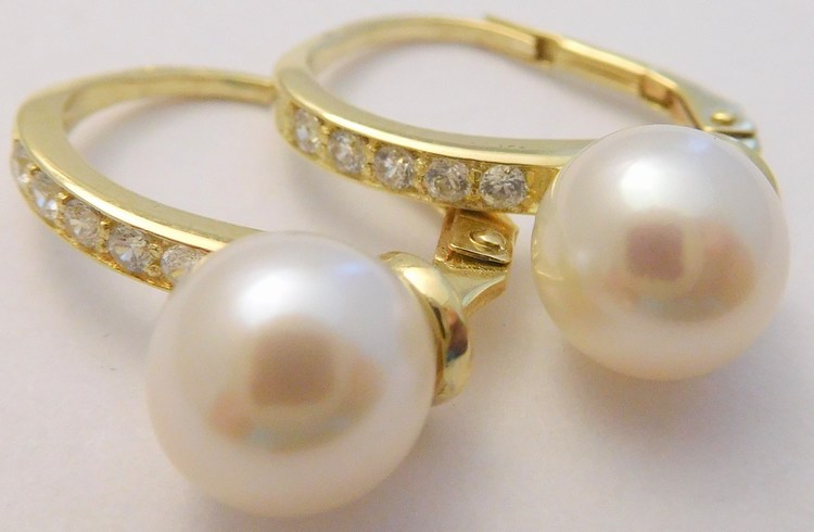 Klenoty Budín Klasické velké mohutné zlaté náušnice s velkými perlami a zirkony 585/3,16gr 235040130