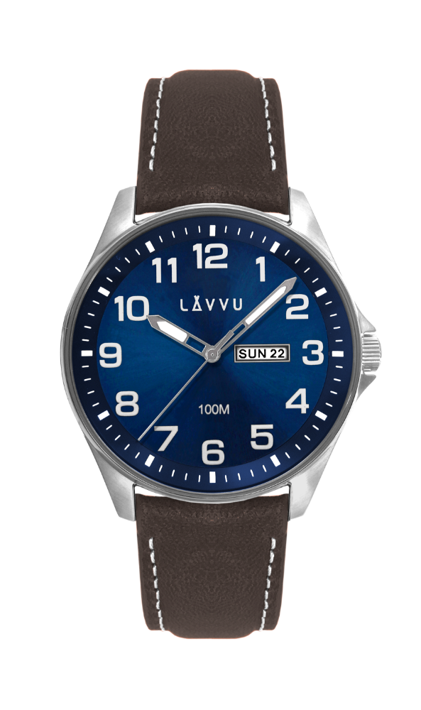 Ocelové pánské hodinky LAVVU BERGEN Blue / Top Grain Leather se svítícími čísly LWM0144