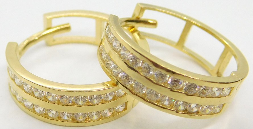 Klenoty Budín Dámské zlaté náušnice - kruhy poseté zirkony dvě řady 585/1,74gr HK2408