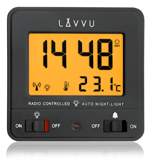 Digitální budík řízený rádiovým signálem NORDLYS černý se světelným senzorem LAR0041