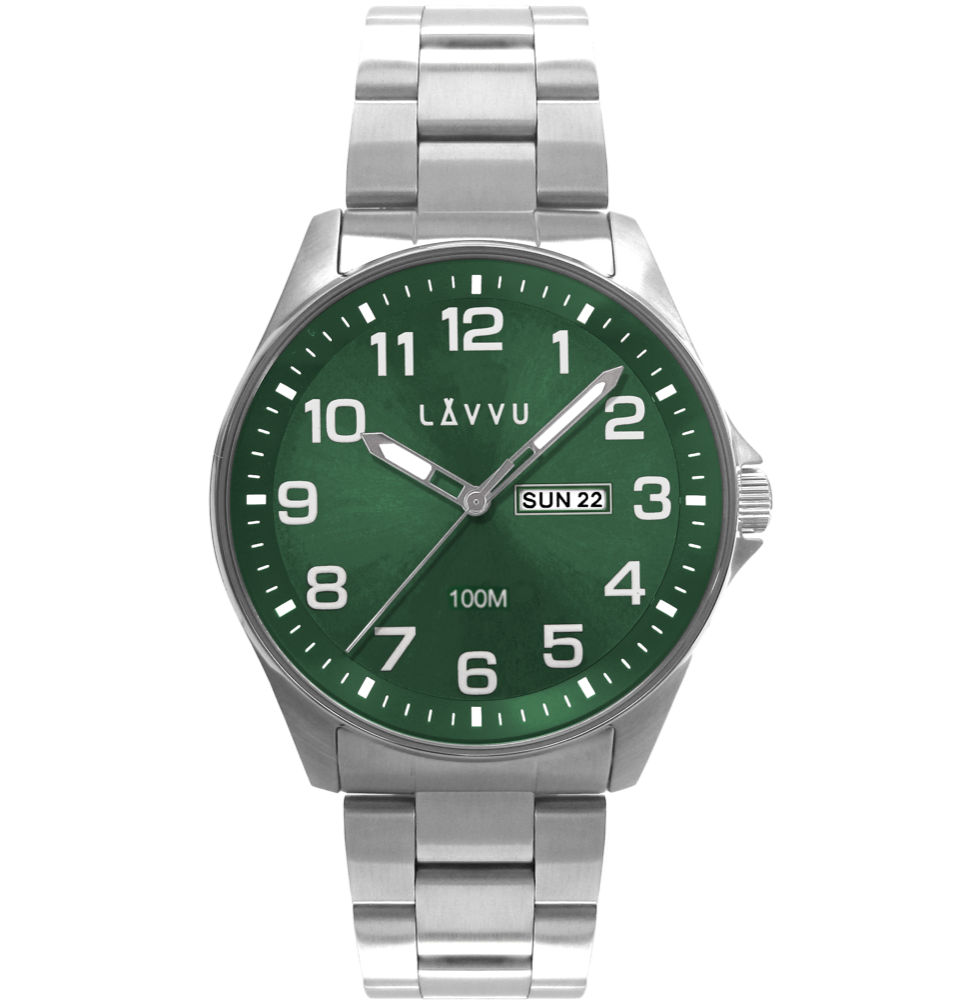 LAVVU Ocelové pánské hodinky BERGEN Green se svítícími čísly LWM0146 zelený číselník