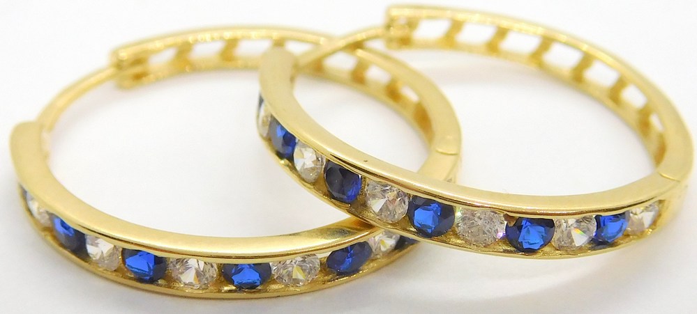 Klenoty Budín Velké zlaté kruhy náušnice se zirkony a modrými safíry 585/2,48gr HK2165
