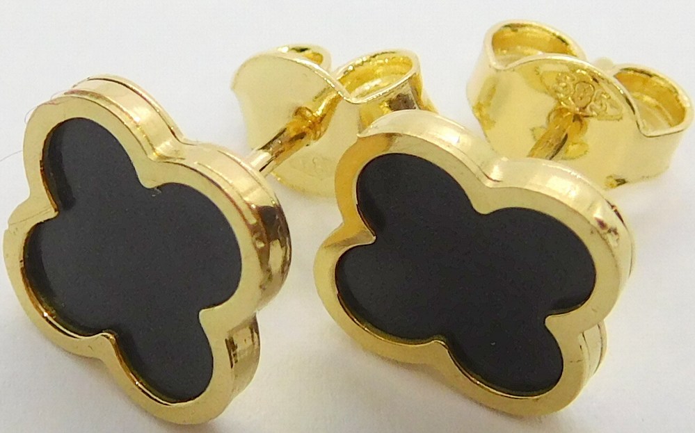 Klenoty Budín Dámské zlaté náušnice ze žlutého zlata s černým smaltem čtyřlístek 585/1,30gr HK2197