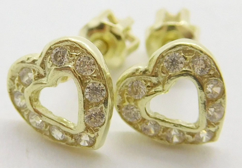Klenoty Budín Dámské zlaté peckové náušnice srdce se zirkony na šroubek 585/1,33gr 03428