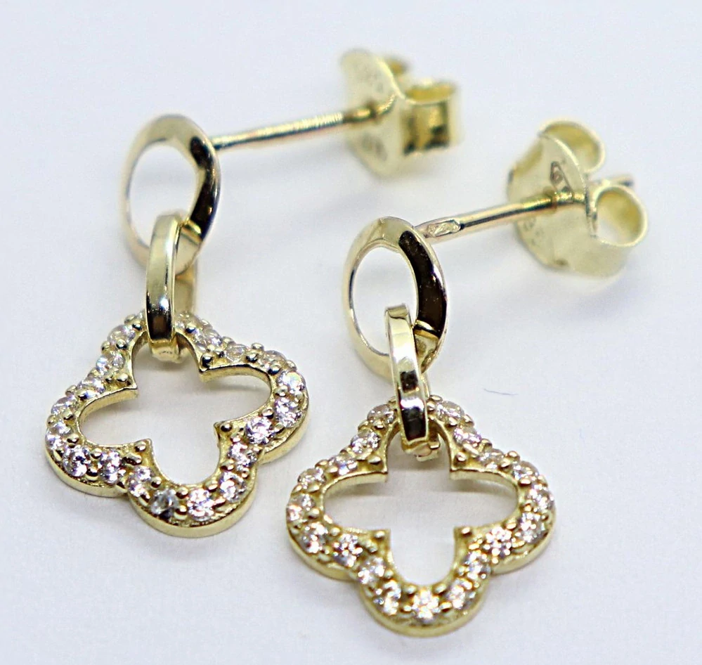 Klenoty Budín Dámské visací zlaté náušnice na puzetku se zirkony čtyřlístky 585/1,50gr HK2364