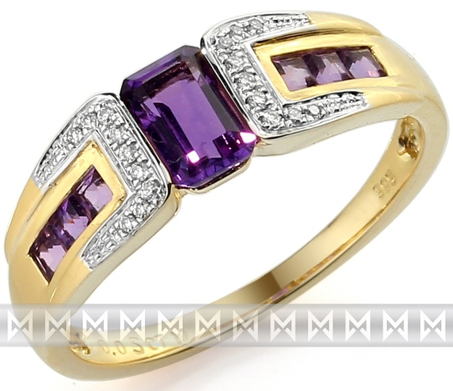 Luxusní zlatý prsten s pravými diamanty a fialovým ametystem 3811725