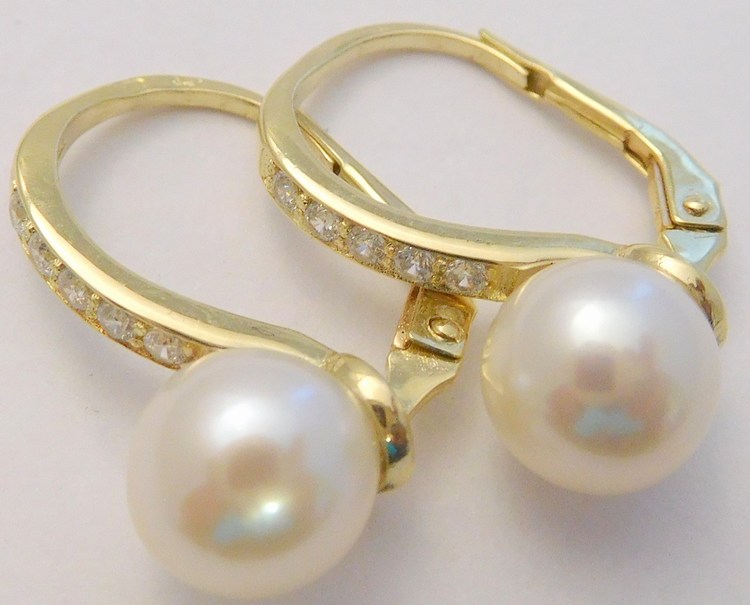 Klenoty Budín Klasické velké mohutné zlaté náušnice s velkými perlami a zirkony 585/3,16gr 235040130