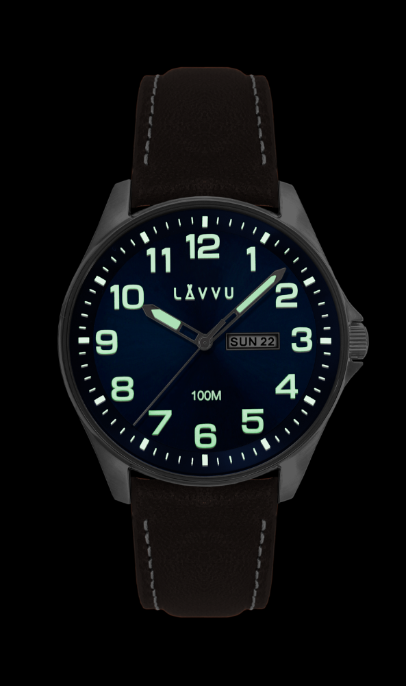 Ocelové pánské hodinky LAVVU BERGEN Blue / Top Grain Leather se svítícími čísly LWM0144