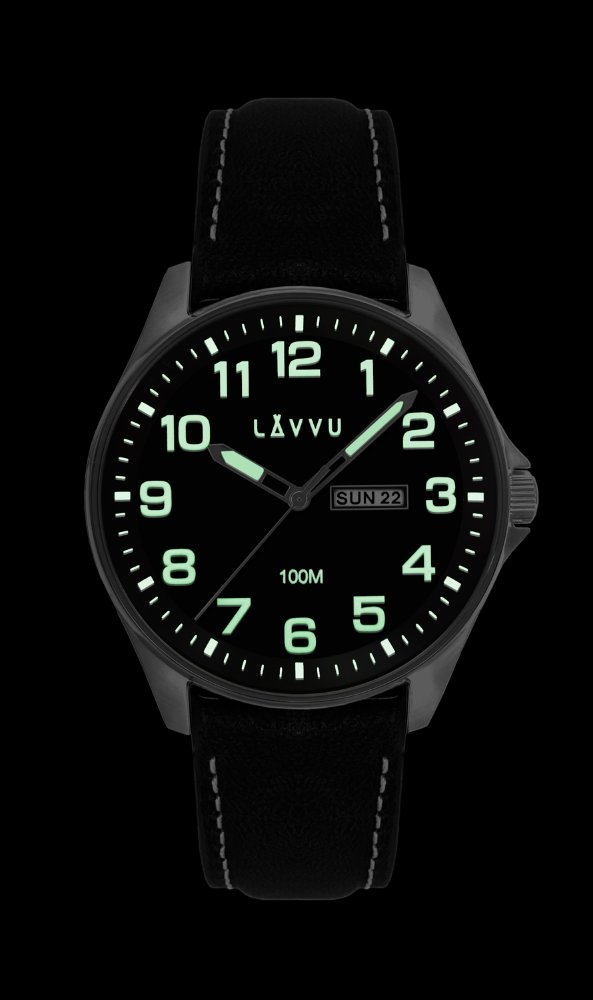 Ocelové pánské hodinky LAVVU BERGEN Black / Top Grain Leather se svítícími čísly LWM0145