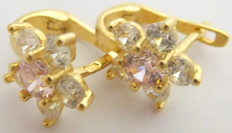 Klenoty Budín Zlaté dámské/dívčí náušnice s růženíny a zirkony 585/1,42gr H2034