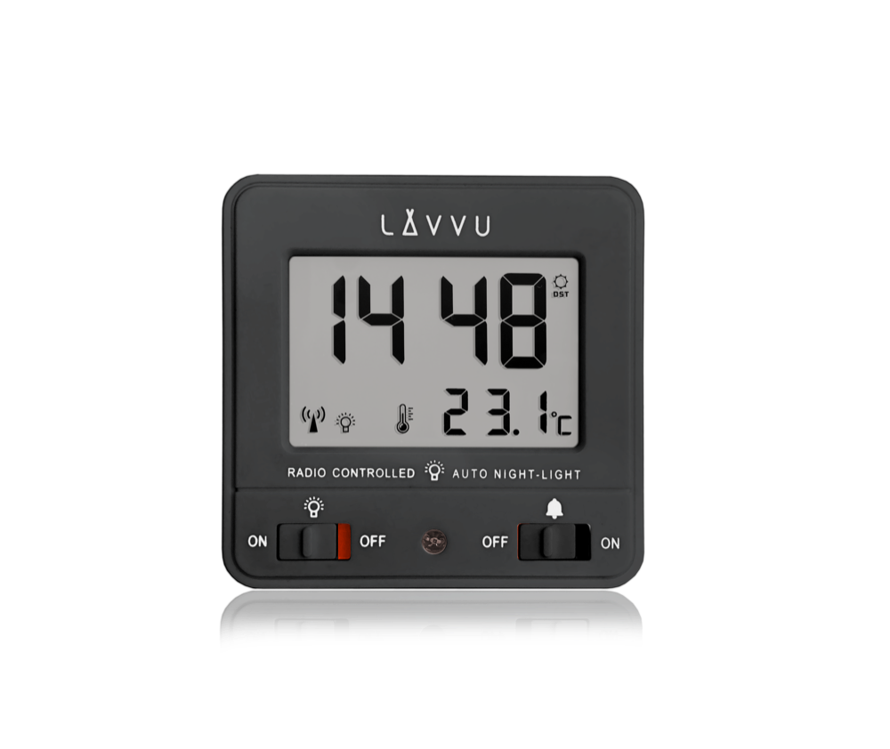 Digitální budík řízený rádiovým signálem NORDLYS černý se světelným senzorem LAR0041