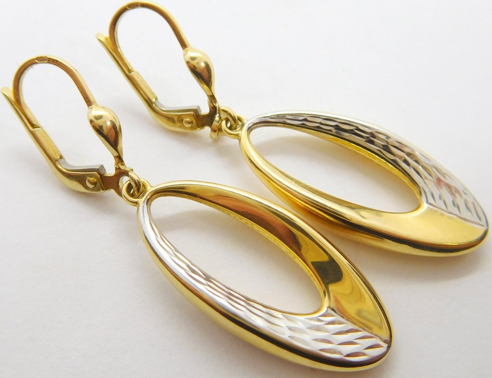 Klenoty Budín Dámské visací gravírované náušnice z bílého a žlutého zlata 585/3,17gr HK2134