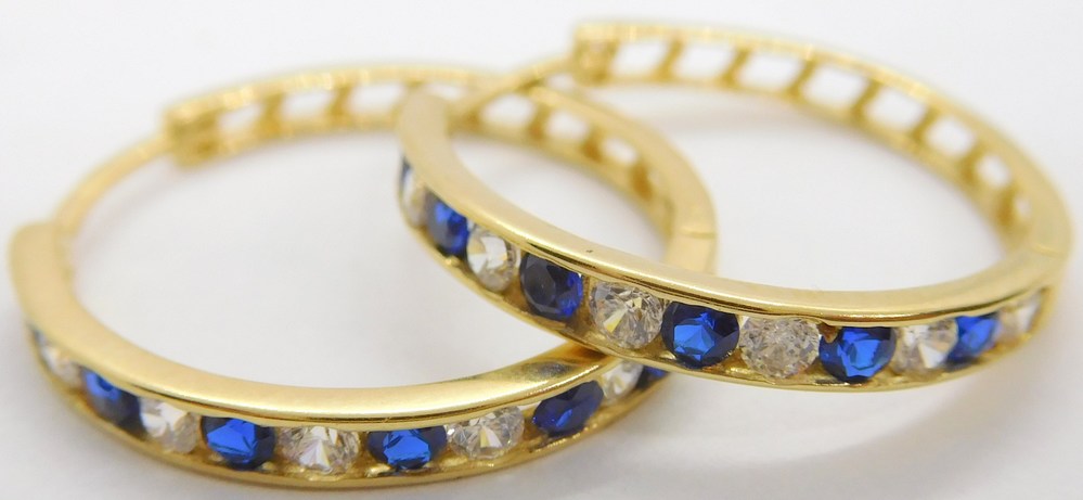 Klenoty Budín Velké zlaté kruhy náušnice se zirkony a modrými safíry 585/2,48gr HK2165