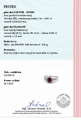 Klenoty Budín Diamantový prsten se červeným rubínem (1,081ct) 585/3,4 gr  J-22134-13 POŠTOVNÉ ZDARMA!