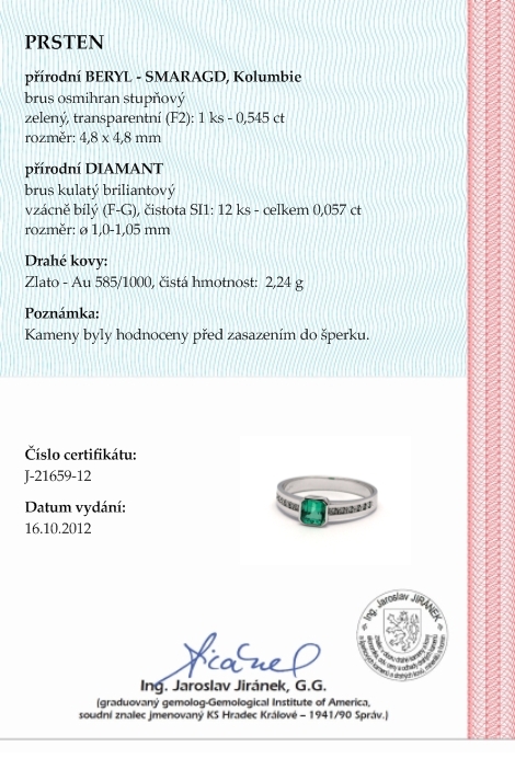 Luxusní zásnubní prsten se zeleným smaragdem (Kolumbie) 585/2,24 gr J-21659-12 POŠTOVNÉ ZDARMA!