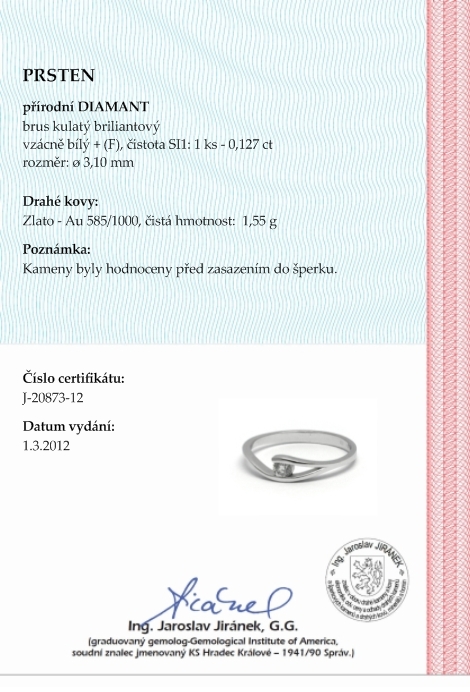 Klenoty Budín Dámský zásnubní prsten s přírodním diamantem 585/1,55 gr J-20873-12 POŠTOVNÉ ZDARMA!