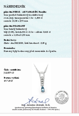 Šperkový diamantový náhrdelník s brazilským akvamarínem 585/5,59 gr J-22537-13 POŠTOVNÉ ZDARMA!