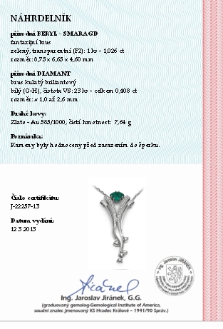 Šperkový diamantový náhrdelník se zeleným smaragdem 585/7,64 gr J-22257-13 POŠTOVNÉ ZDARMA!
