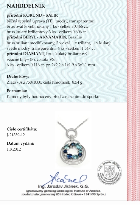 Šperkový náhrdelník se safírem, akvamarínem a diamanty 585/8,54 gr J-21359-12 POŠTOVNÉ ZDARMA!