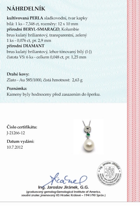 Šperkový náhrdelník s kolumbijským smaragdem a perlami 585/2,63 gr J-21266-12 POŠTOVNÉ ZDARMA!