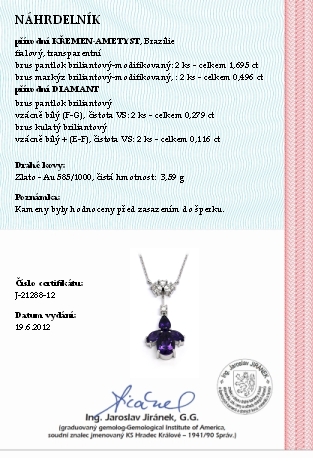 Zlatý diamantový náhrdelník s brazilským ametystem a diamanty 585/3,59gr J-21288 POŠTOVNÉ ZDARMA!