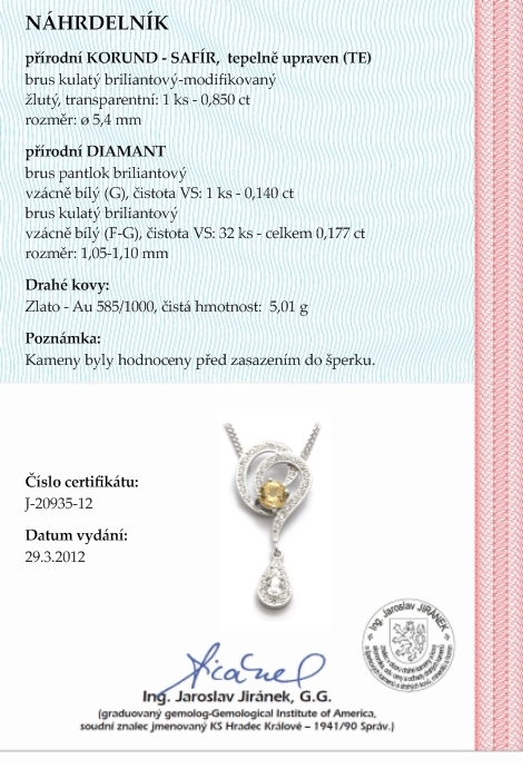 Zlatý diamantový náhrdelník se žlutým safírem 585/5,01 gr J-20935-12 POŠTOVNÉ ZDARMA!