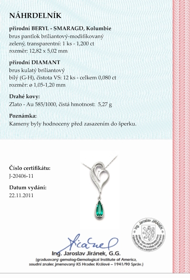 Zlatý diamantový náhrdelník s diamanty a smaragdem 585/5,27 gr J-20406-11POŠTOVNÉ ZDARMA!