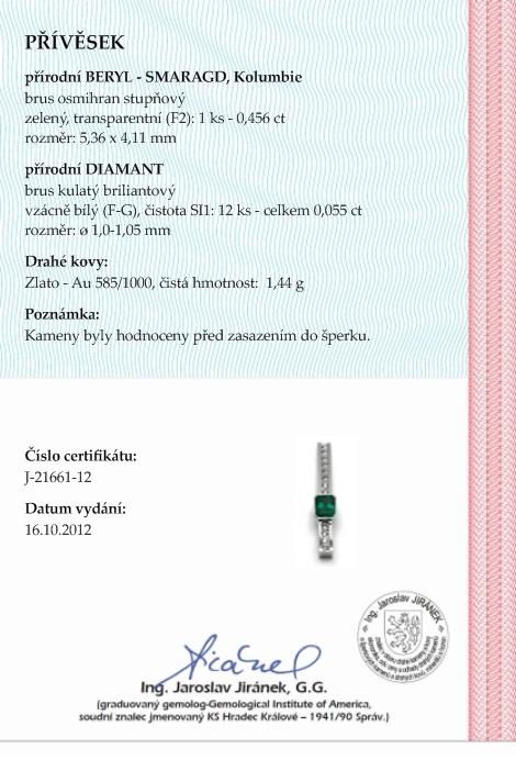 Diamantový zlatý přívěsek s kolumbijským smaragdem 585/1,44 gr J-21661-12 POŠTOVNÉ ZDARMA!