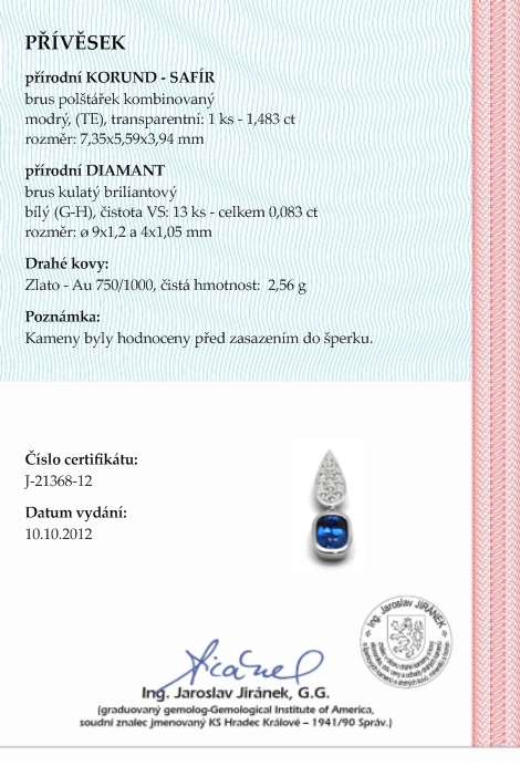 Diamantový zlatý přívěsek s přírodním modrým safírem 585/2,56 gr J-21368-12 POŠTOVNÉ ZDARMA!