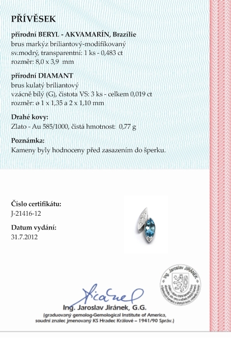 Diamantový zlatý přívěsek s brazilským akvamarínem 585/0,77 gr J-21416-12 POŠTOVNÉ ZDARMA!