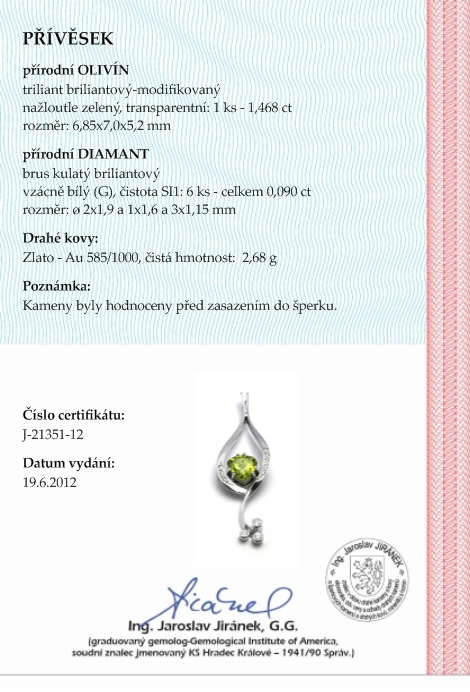 Diamantový zlatý přívěsek s přírodním olivínem 585/2,68 gr J-21351-12 POŠTOVNÉ ZDARMA!