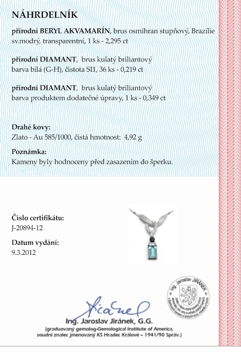 Diamantový náhrdelník s brazilským akvamarínem 585/4,92 gr J-20894-12 POŠTOVNÉ ZDARMA!
