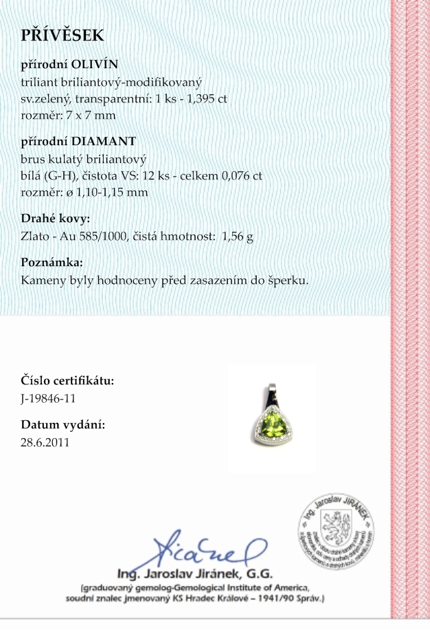 Diamantový zlatý přívěsek s diamanty a olivíny 585/1,56 gr J-19846-11 POŠTOVNÉ ZDARMA!