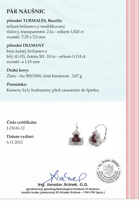 Klenoty Budín Zlaté náušnice s přírodními turmalíny a diamanty 585/3,87 gr J-21616-12 POŠTOVNÉ ZDARMA!