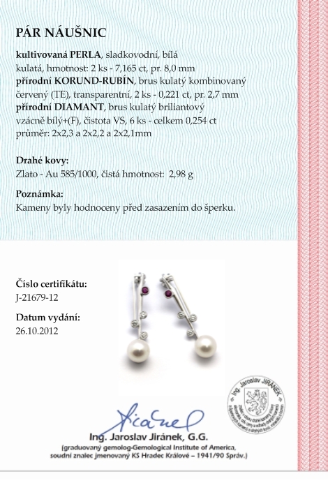 Zlaté náušnice s perlami, rubíny a diamanty 585/2,98 gr J-21679-12 POŠTOVNÉ ZDARMA!