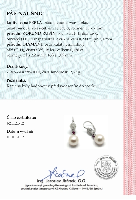 Klenoty Budín Zlaté náušnice s rubíny, perlami a  diamanty 585/2,57 gr J-21121-12 POŠTOVNÉ ZDARMA!