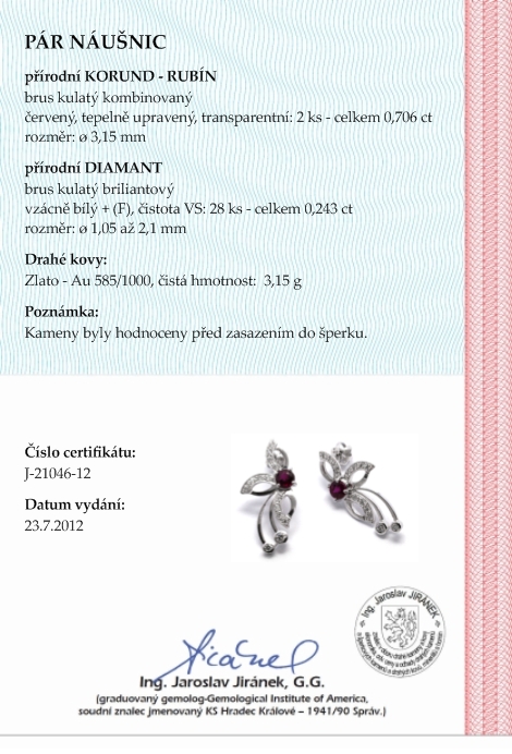 Klenoty Budín Diamantové náušnice s přírodními červenými rubíny 585/3,15 gr J-21046-12 POŠTOVNÉ ZDARMA!