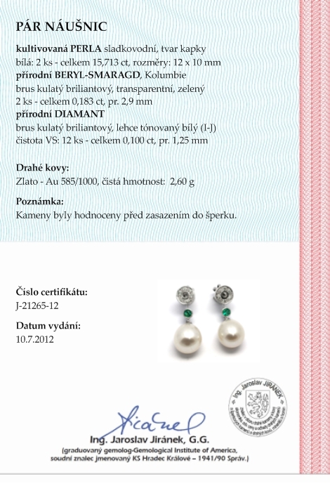 Diamantové náušnice se smaragdy a perlami 585/2,60 gr J-21265-12 POŠTOVNÉ ZDARMA!