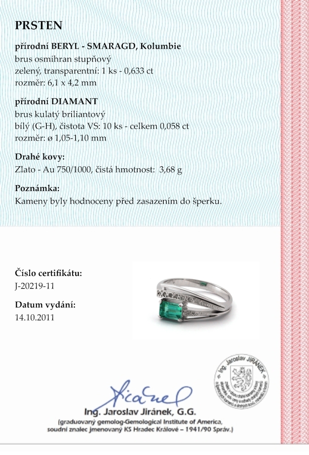 Klenoty Budín Zlatý prsten se zeleným přírodním smaragdem a diamanty 585/3,68 gr J-20219-11 POŠTOVNÉ ZDARMA!