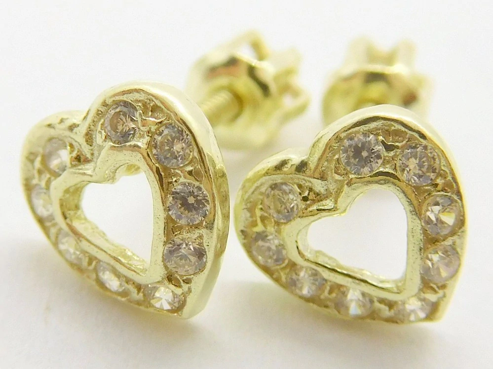 Klenoty Budín Dámské zlaté peckové náušnice srdce se zirkony na šroubek 585/1,33gr 03428
