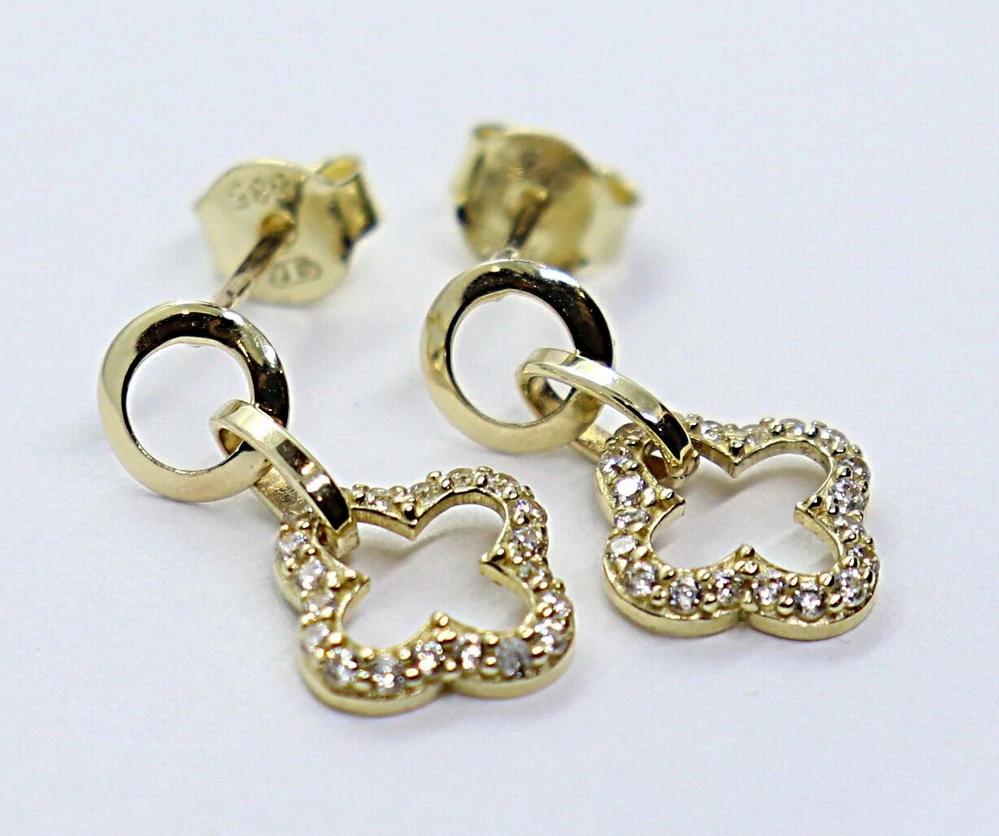 Klenoty Budín Dámské visací zlaté náušnice na puzetku se zirkony čtyřlístky 585/1,50gr HK2364