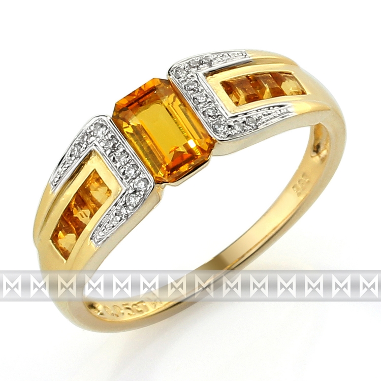 Luxusní zlatý prsten s pravými diamanty a žlutým citrínem  3811729