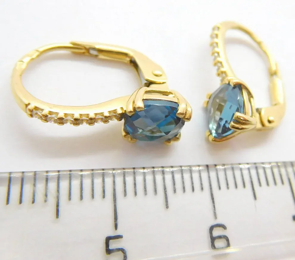 Klenoty Budín Dámské klasické zlaté náušnice se zirkony a blue topazy  585/2,53gr HK2240